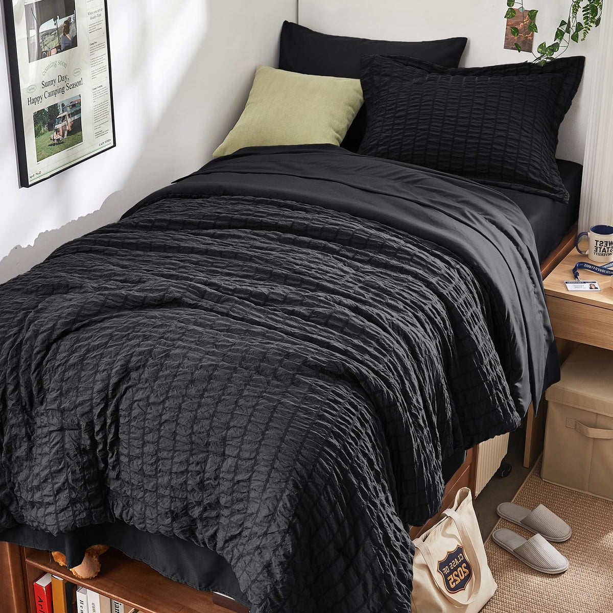 Queen Comforter Set - 7PCS Bed in a Bag, Seersucker Bedding Set, Dark Grey
