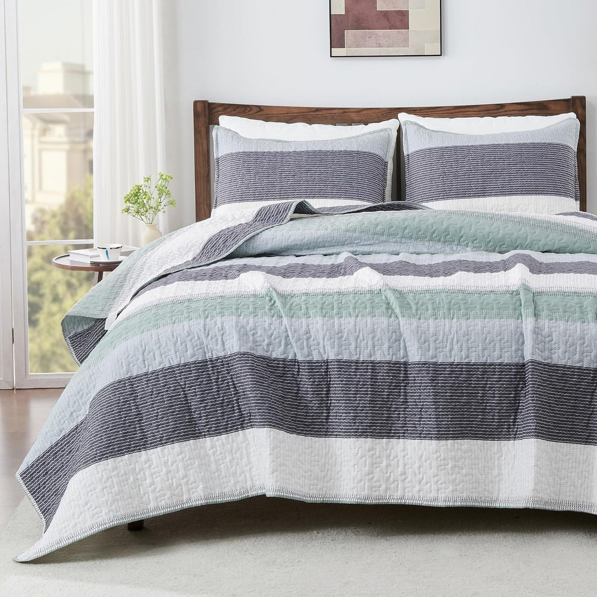 Andency King Size Quilt Set, 3 Pieces Striped Sage Green Bedspreads Set