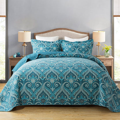 Travan 3-Piece Quilt Set Quilted Bedspread Lightweight Coverlet Set Garden Style Floral Printed Oversized Quilted Bedding Set with Shams for All Season, Exquisite, King Size