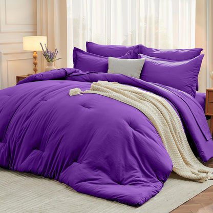 MUXHOMO Queen Comforter Set 7 Pieces, Soft Bed in a Bag, Beige