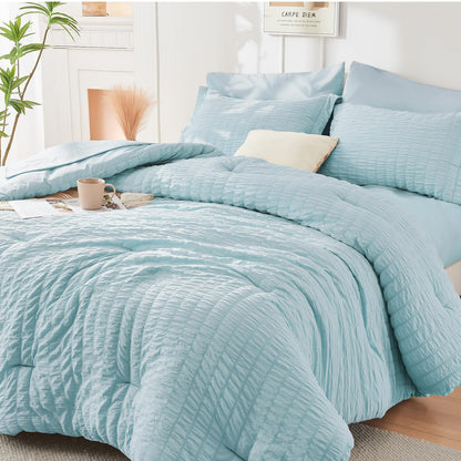King Comforter Set - 7PCS Bed in a Bag, Seersucker Bedding Set, Dark Grey