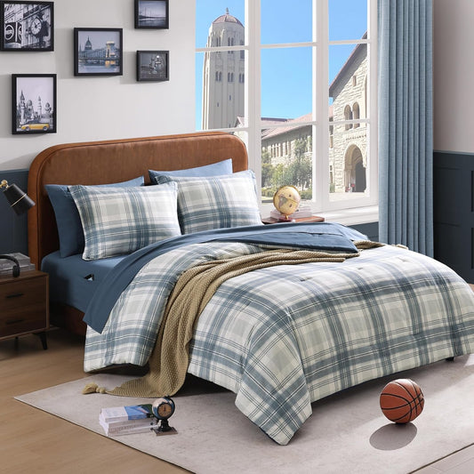 Plaid Full Size Comforter Set Blue Grey 7 Pieces Farmhouse Bed in a Bag