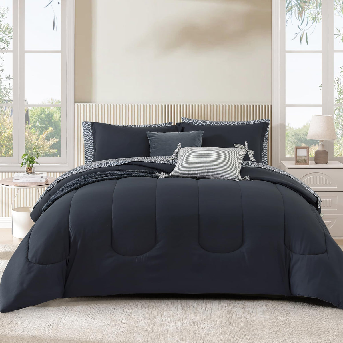 Queen Comforter Set-7 Pieces Beige Soft Bed in a Bag Queen Bedding Sets