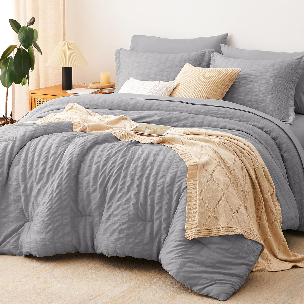 CozyLux Queen Comforter Set, 7 Pieces White Seersucker Bed in a Bag