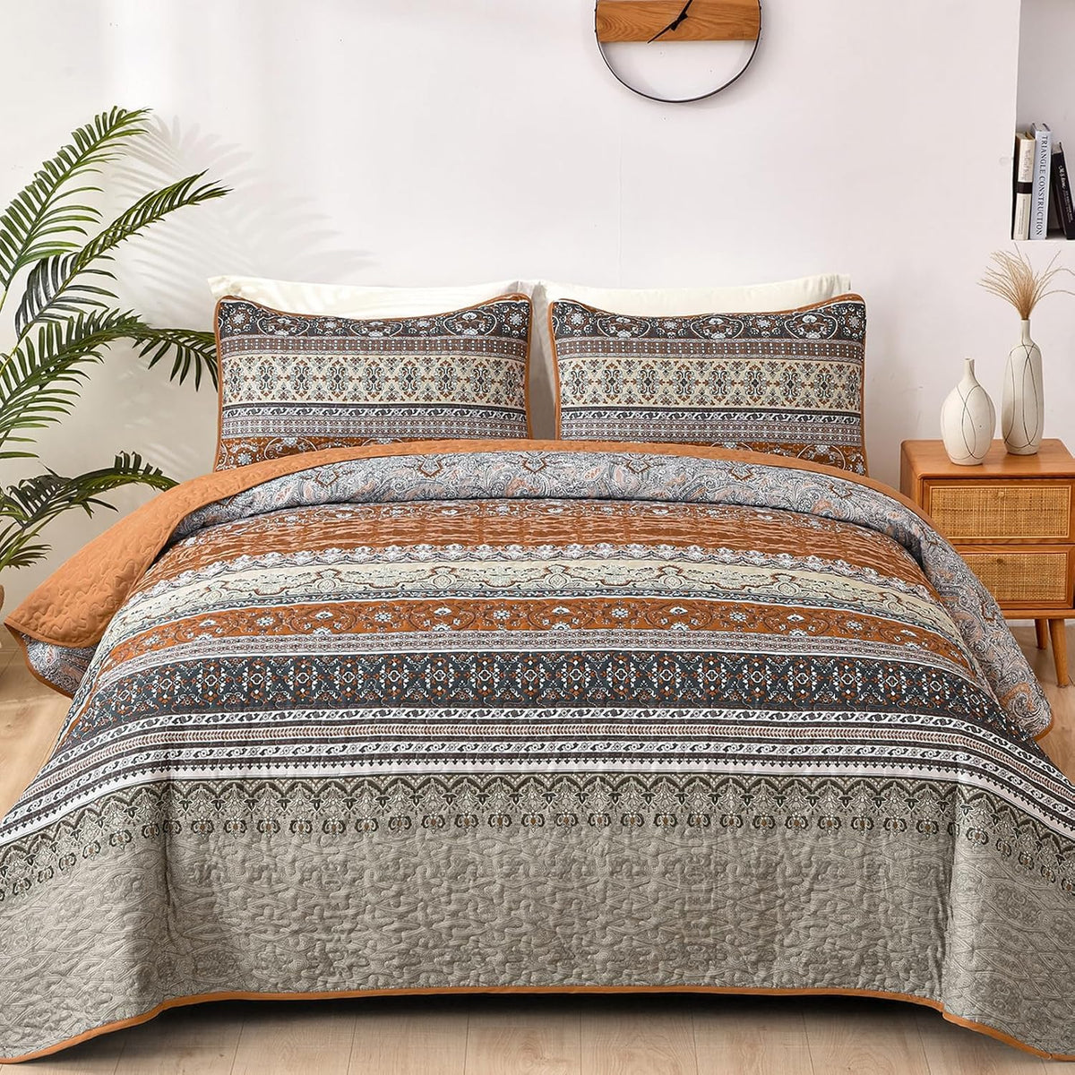 WONGS BEDDING Boho King Quilt Bedding Set, 3 Pieces Soft Bedspread,Blue