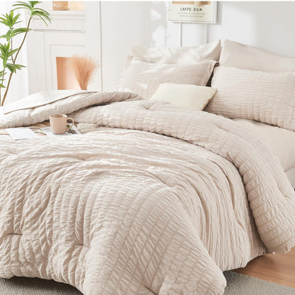 King Comforter Set - 7PCS Bed in a Bag, Seersucker Bedding Set, Dark Grey