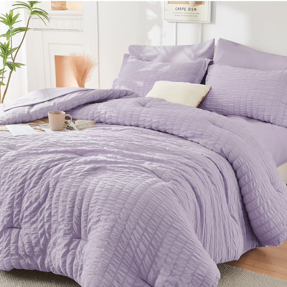 King Comforter Set - 7PCS Bed in a Bag, Seersucker Bedding Set, Dark Grey