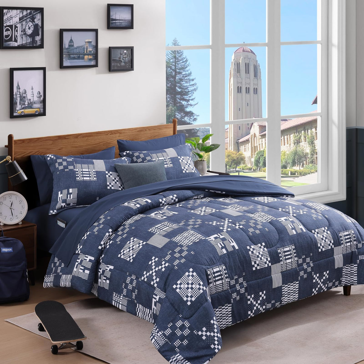 Plaid Full Size Comforter Set Blue Grey 7 Pieces Farmhouse Bed in a Bag