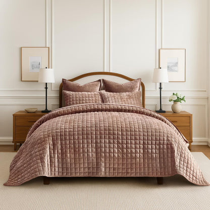 RECYCO Channel Box Stitch Velvet Quilt Set, King Size, Beige