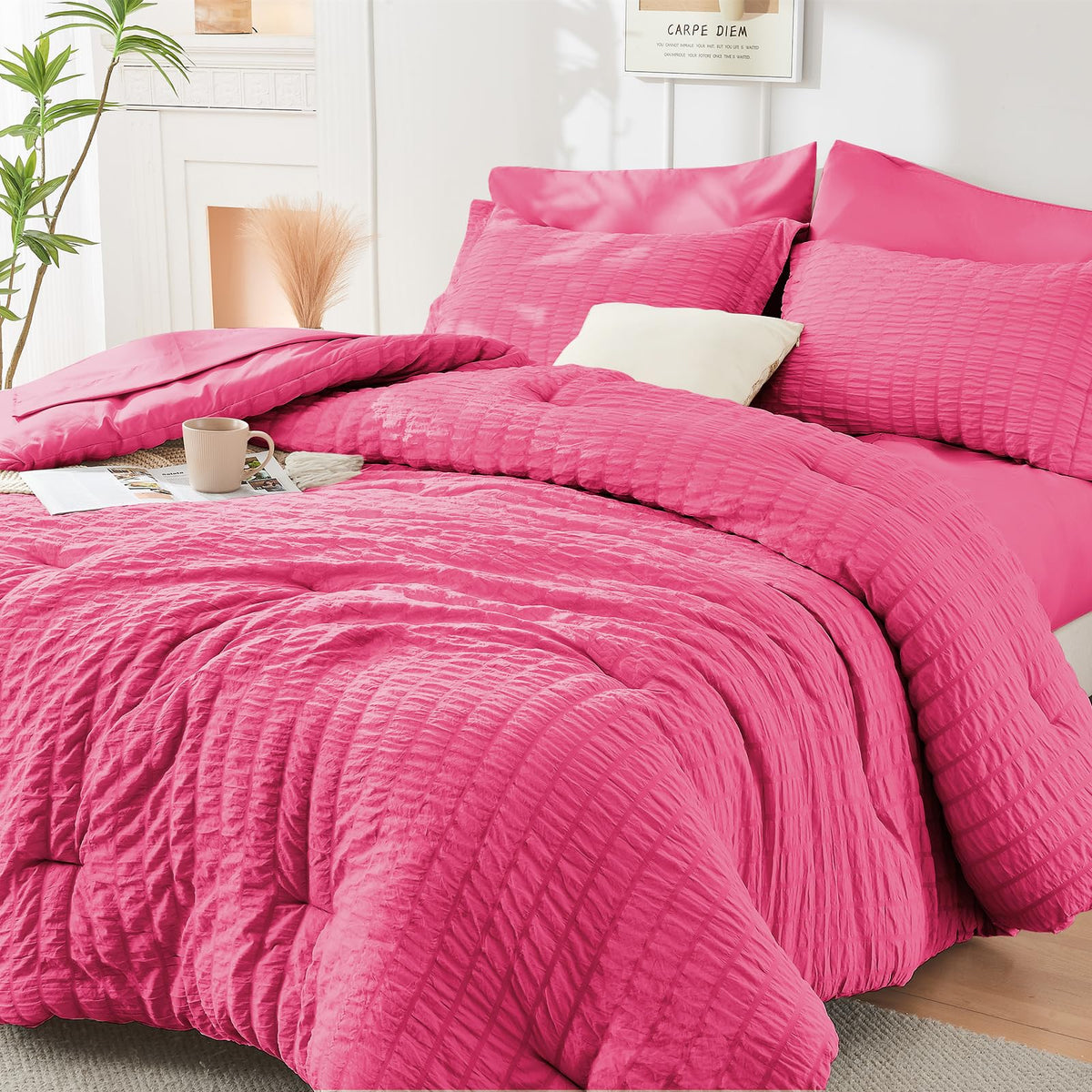 King Comforter Set - 7PCS Bed in a Bag, Seersucker Bedding Set, Dark Grey