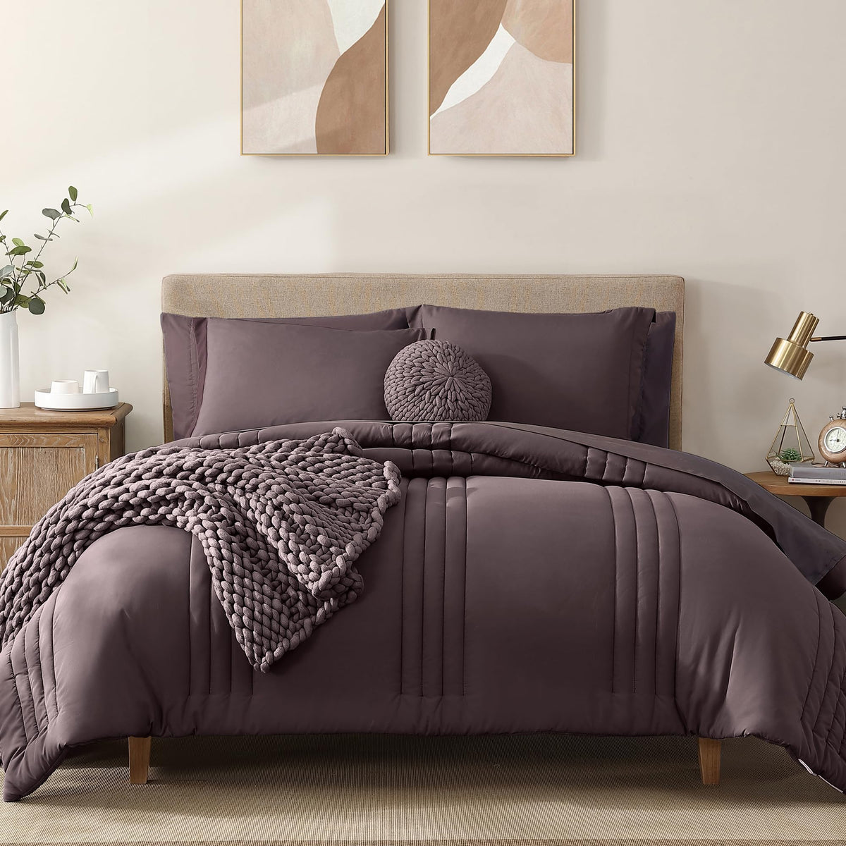 Queen Comforter Set-7 Pieces Beige Soft Bed in a Bag Queen Bedding Sets