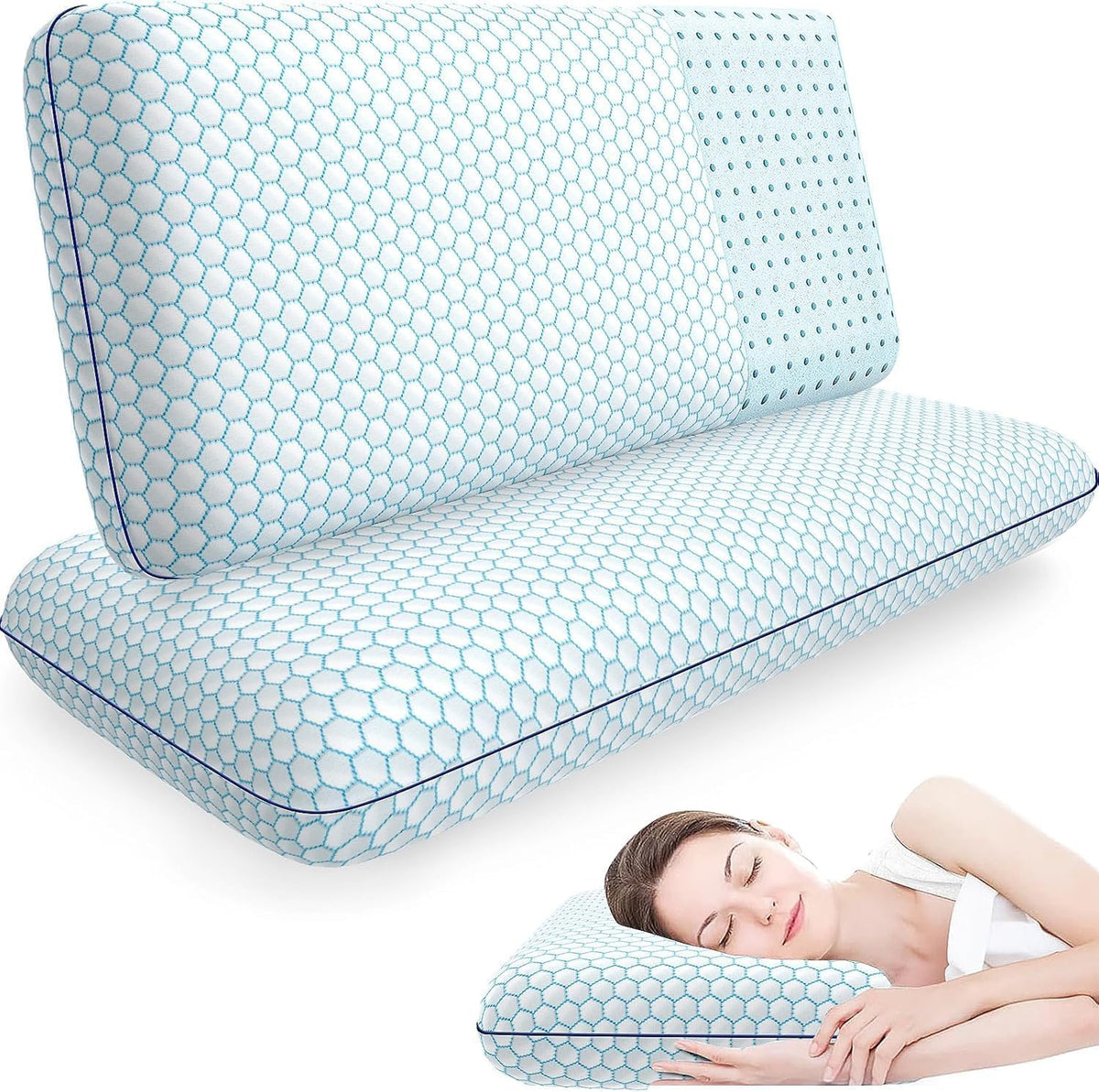 CushyOasis Bed Pillows for Sleeping 2PCS, Memory Foam, Standard Size, Blue