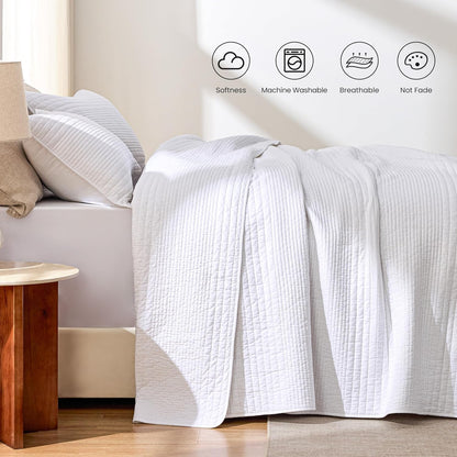 Love's cabin Queen Size Cotton Quilt Set, 100% Cotton Fabric Striped Textured Coverlet with Crinkled Look, Lightweight Quilted Bedspread for All Season, Includes 2 Pillow Shams, White