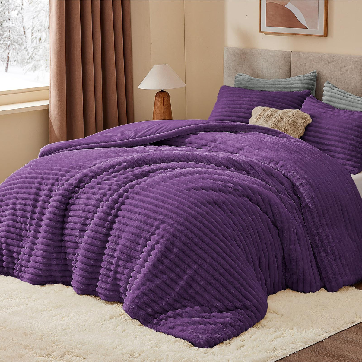 BEDELITE Fleece Queen Comforter Set, Fluffy Bed Set, Cream White