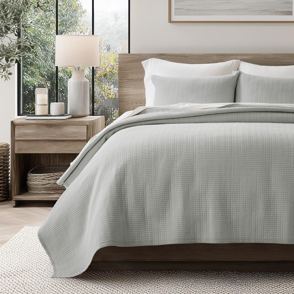 EverGrace 100% Cotton Modern Grid Stitch Quilt Set, King Size, Birch