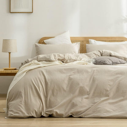 BESTOUCH Cotton Solid Duvet Cover Set Linen Feel Off White Queen