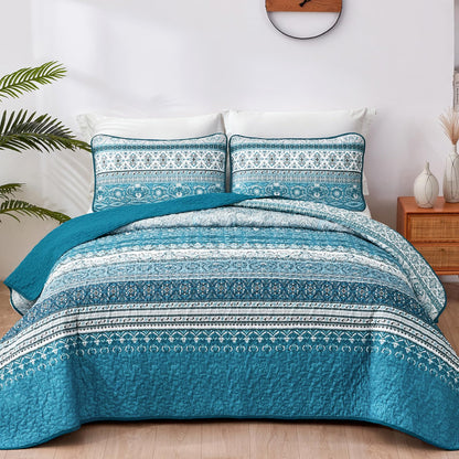 WONGS BEDDING Boho King Quilt Bedding Set, 3 Pieces Soft Bedspread,Blue