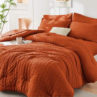 Queen Comforter Set - 7PCS Bed in a Bag, Seersucker Bedding Set, Dark Grey