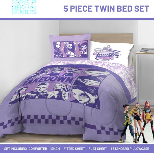 KPOP Demon Hunters Twin Comforter Set 5 Piece Kids Cartoon Bedding, Purple