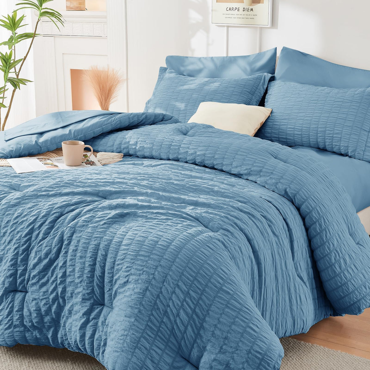 King Comforter Set - 7PCS Bed in a Bag, Seersucker Bedding Set, Dark Grey