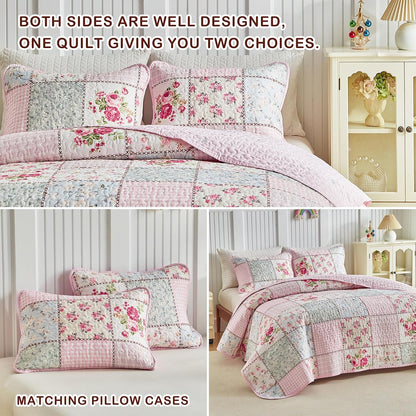 Joyreap Floral Cotton Quilt Set, Pink Aqua Flowers Grid Patchwork Design for Spring, 3 Pieces Queen Size Quilt Bedding Set, Soft n Cozy Bedspread Bed Cover for All Season- 90x90 inches