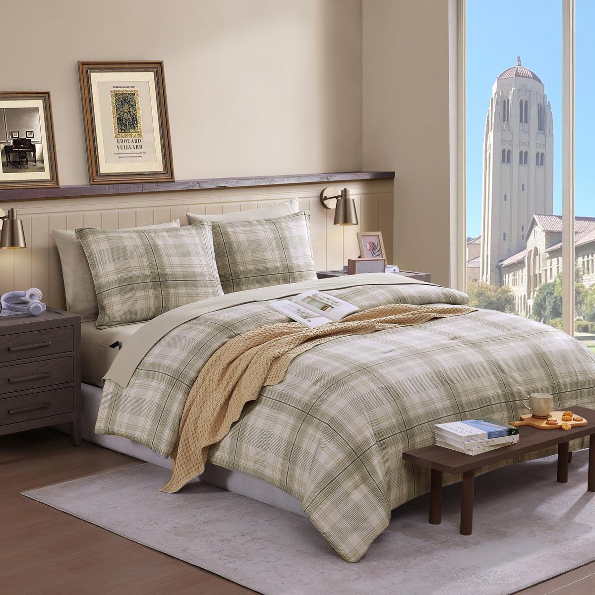 Plaid Full Size Comforter Set Blue Grey 7 Pieces Farmhouse Bed in a Bag