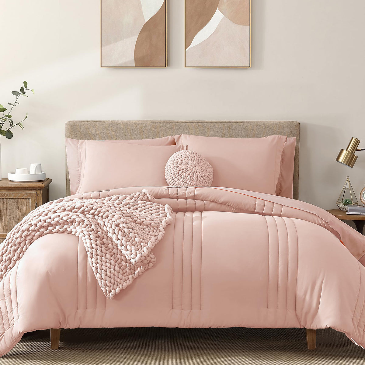 Queen Comforter Set-7 Pieces Beige Soft Bed in a Bag Queen Bedding Sets