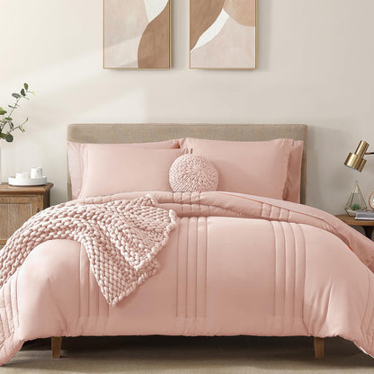 Queen Comforter Set-7 Pieces Beige Soft Bed in a Bag Queen Bedding Sets