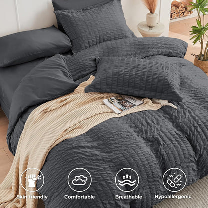 King Comforter Set - 7PCS Bed in a Bag, Seersucker Bedding Set, Dark Grey