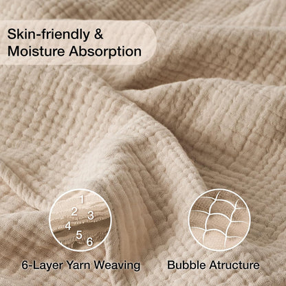100% Cotton Muslin Blanket for Adults, 6-Layer, King, 108 x 90, Beige Linen