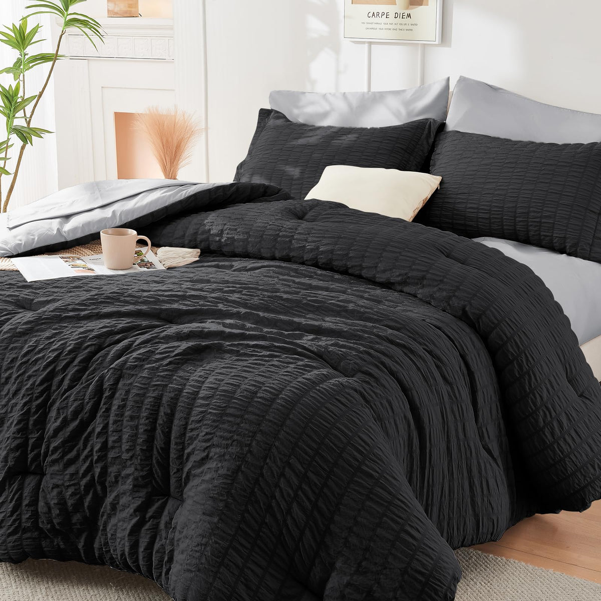 King Comforter Set - 7PCS Bed in a Bag, Seersucker Bedding Set, Dark Grey