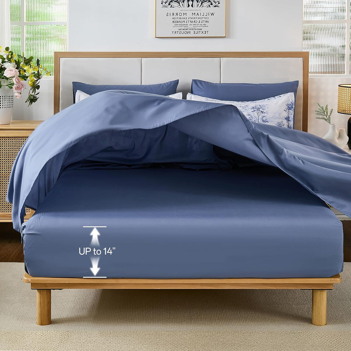 WONGS BEDDING Blue Queen Comforter Set, 7 Pieces Bed in a Bag French Toile Comforter with Sheets, Soft Lightweight Microfiber Botanical Complete Queen Size Bedding Set for All Season