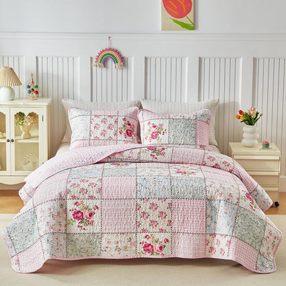 Joyreap Floral Cotton Quilt Set, Pink Aqua Flowers Grid Patchwork Design for Spring, 3 Pieces Queen Size Quilt Bedding Set, Soft n Cozy Bedspread Bed Cover for All Season- 90x90 inches