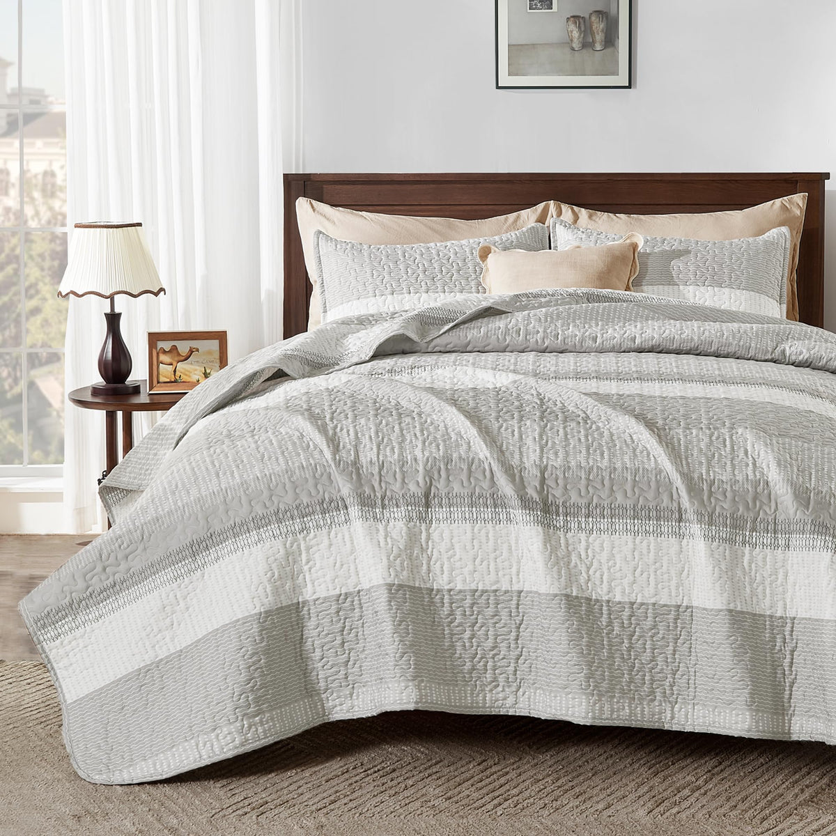 Andency King Size Quilt Set, 3 Pieces Striped Sage Green Bedspreads Set