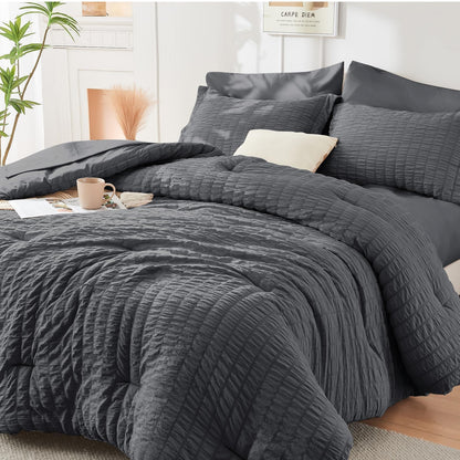 King Comforter Set - 7PCS Bed in a Bag, Seersucker Bedding Set, Dark Grey