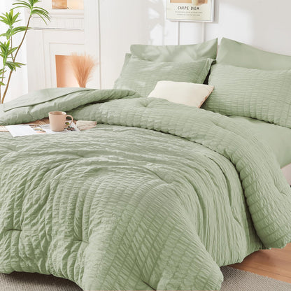 King Comforter Set - 7PCS Bed in a Bag, Seersucker Bedding Set, Dark Grey