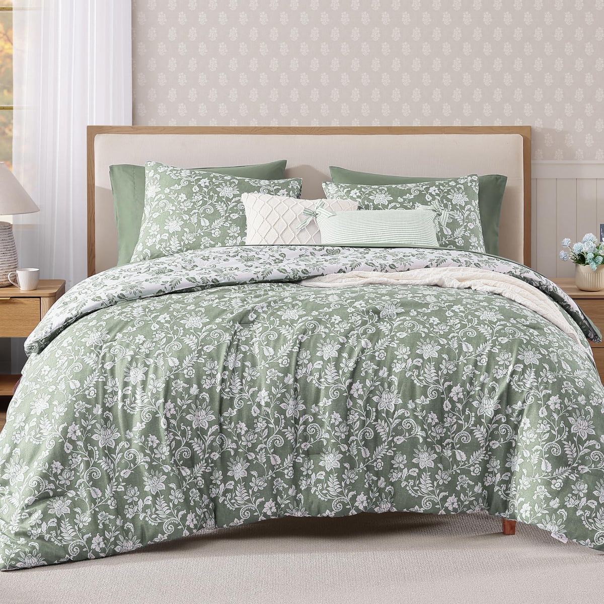 BLOOMHAVEN Queen Comforter Set-7 Pieces Blue Floral Bed in a Bag Queen