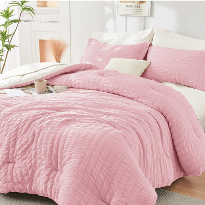 Queen Comforter Set - 7PCS Bed in a Bag, Seersucker Bedding Set, Dark Grey