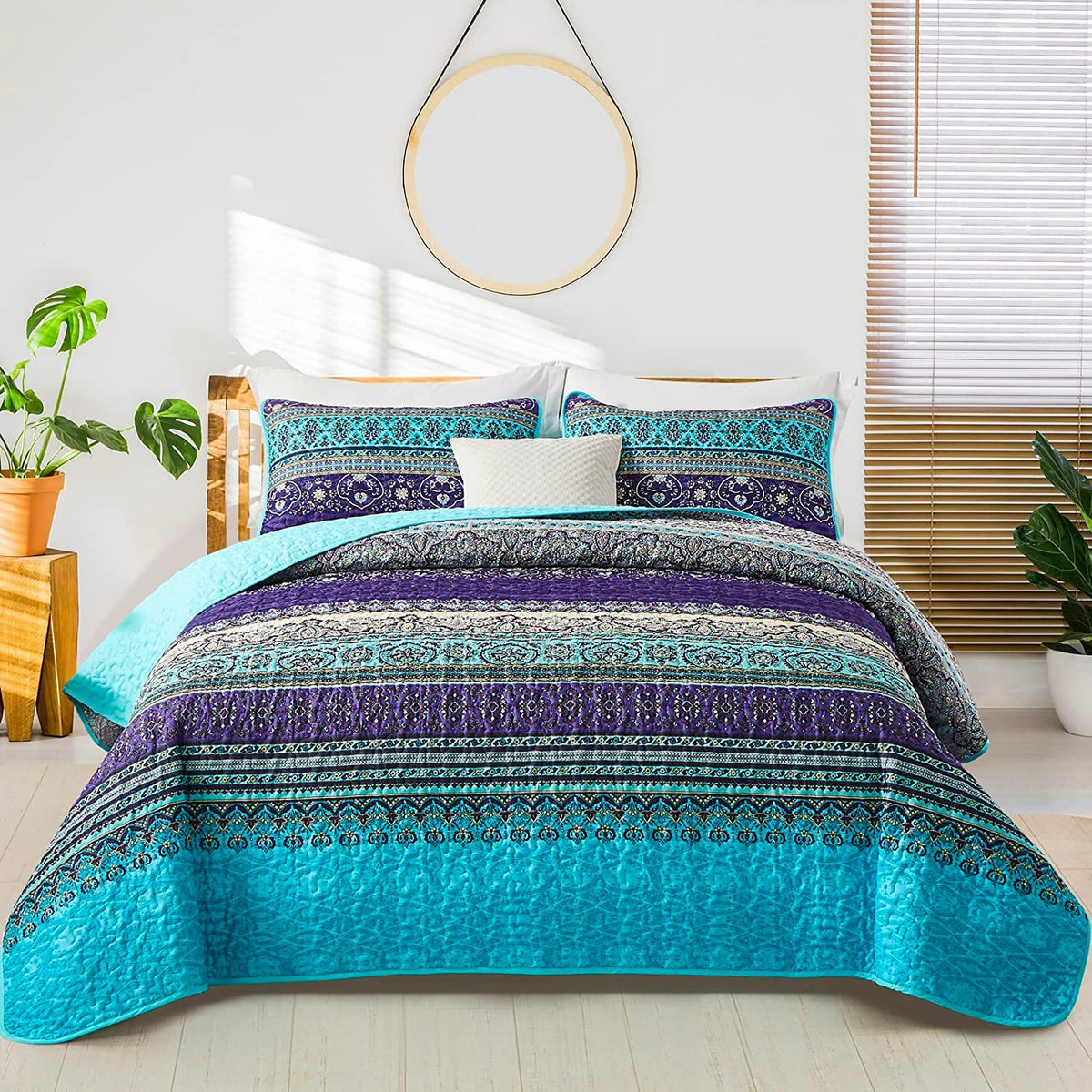 WONGS BEDDING Boho King Quilt Bedding Set, 3 Pieces Soft Bedspread,Blue