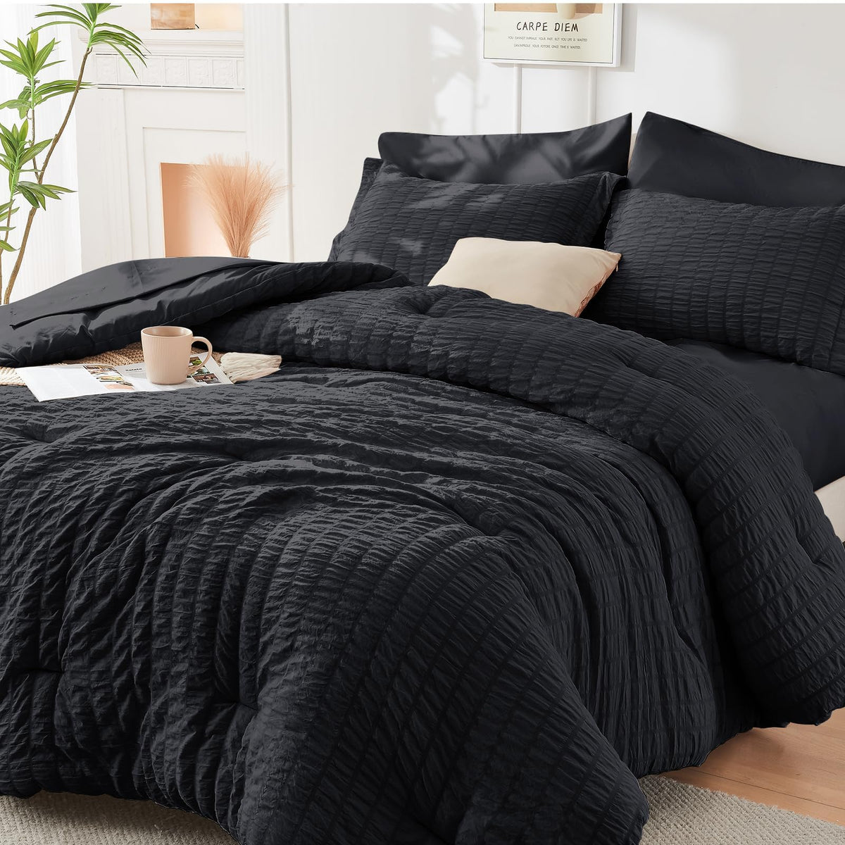 King Comforter Set - 7PCS Bed in a Bag, Seersucker Bedding Set, Dark Grey