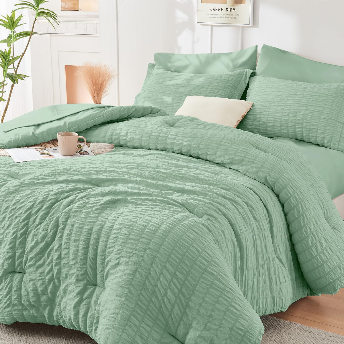 Queen Comforter Set - 7PCS Bed in a Bag, Seersucker Bedding Set, Dark Grey