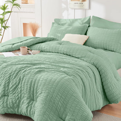Queen Comforter Set - 7PCS Bed in a Bag, Seersucker Bedding Set, Dark Grey