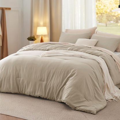 Bedsure Queen Comforter Set Prewashed Soft Bedding Set 3Pcs Beige 90"x90"