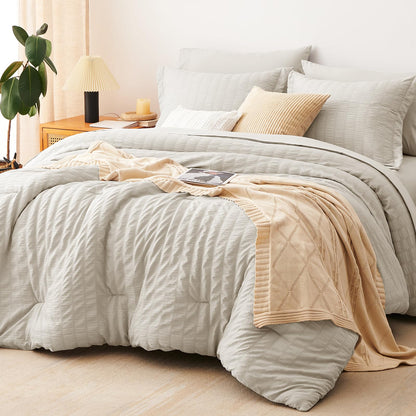 CozyLux Queen Comforter Set, 7 Pieces White Seersucker Bed in a Bag