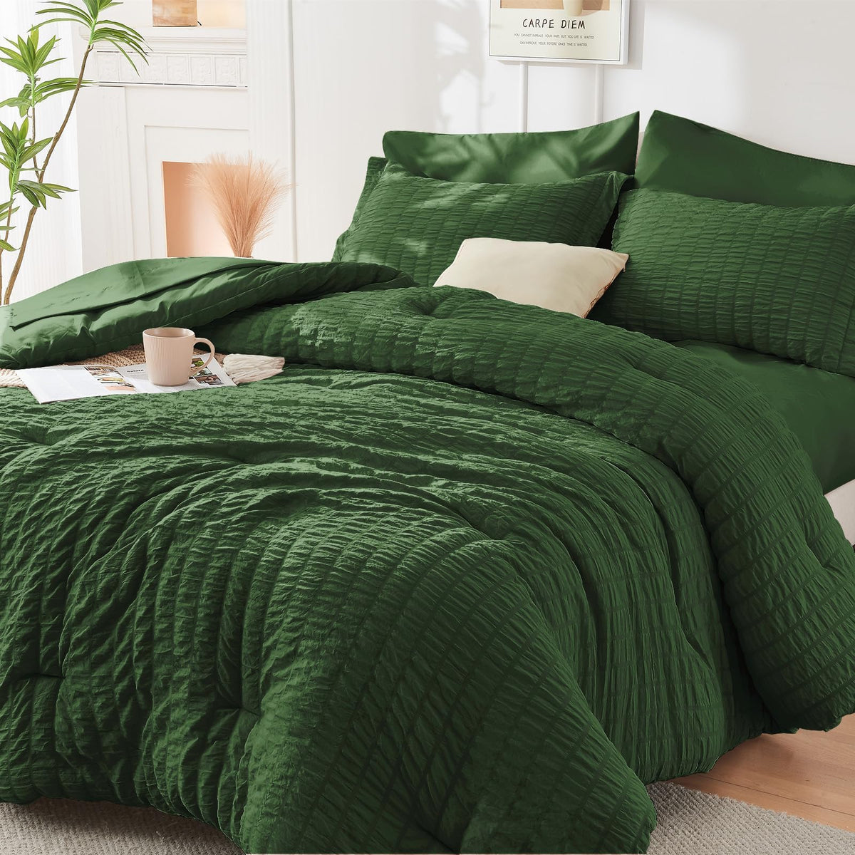 Queen Comforter Set - 7PCS Bed in a Bag, Seersucker Bedding Set, Dark Grey