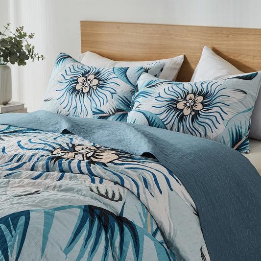 Yogeneg Queen Quilt Bedding Set,White Green Botanical Pattern Light Blue Full/Queen Quilt Set,3 Piece Lightweight Soft Summer Bedspread Coverlet with 2 PIillow Shams,All Season(Light Blue,90"x96")
