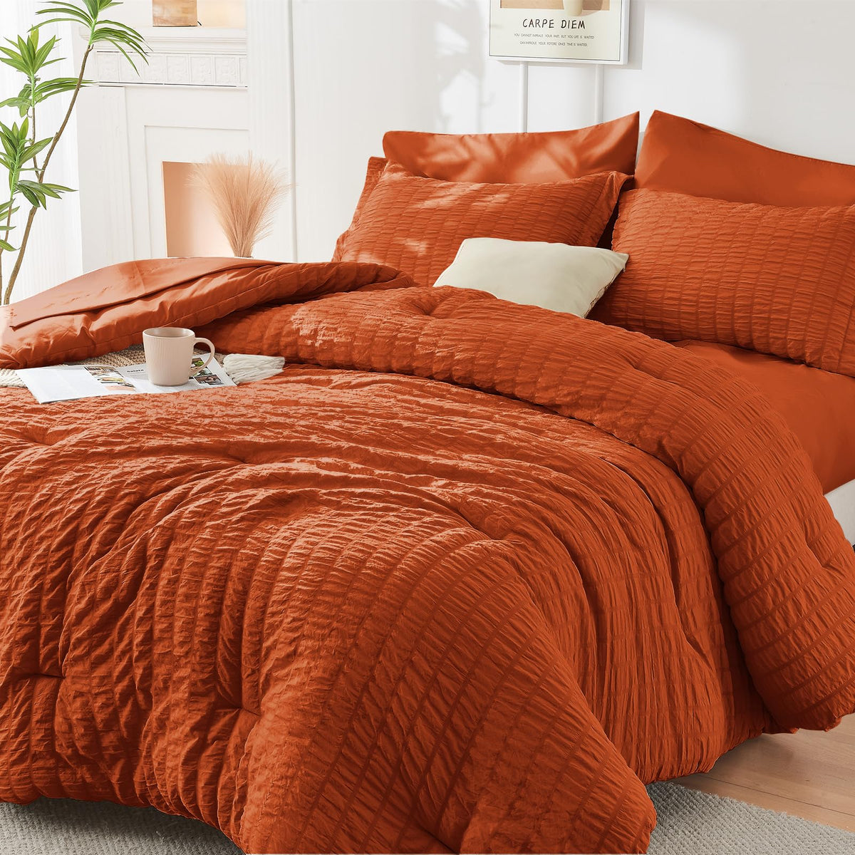 Queen Comforter Set - 7PCS Bed in a Bag, Seersucker Bedding Set, Dark Grey