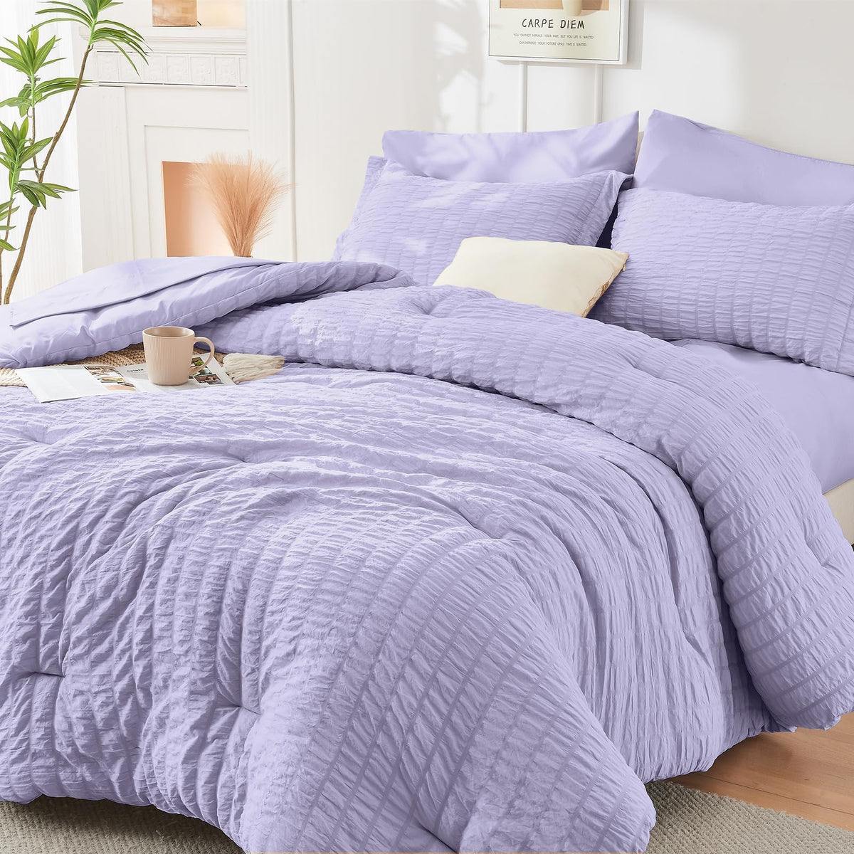 Queen Comforter Set - 7PCS Bed in a Bag, Seersucker Bedding Set, Dark Grey