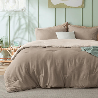 Bedsure Queen Comforter Set Prewashed Soft Bedding Set 3Pcs Beige 90"x90"