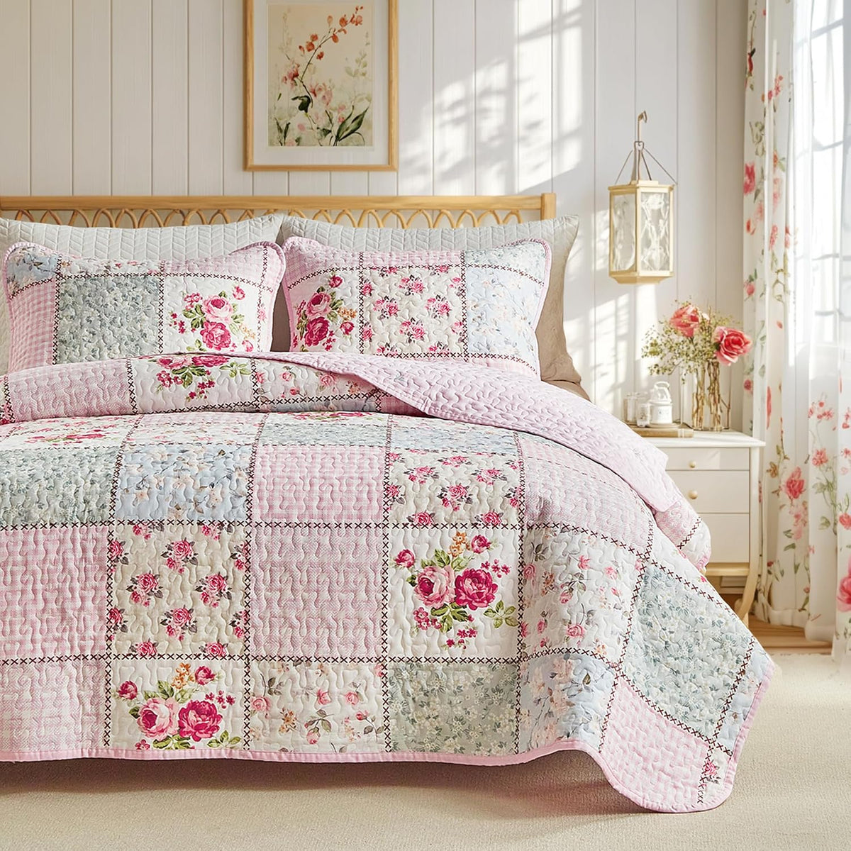 Joyreap Floral Cotton Quilt Set, Pink Aqua Flowers Grid Patchwork Design for Spring, 3 Pieces Queen Size Quilt Bedding Set, Soft n Cozy Bedspread Bed Cover for All Season- 90x90 inches